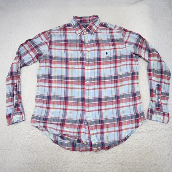 Polo Ralph Lauren Dress Shirt 100% Linen Plaid Classic Fit Long Sleeve Men Large - Picture 5 of 10